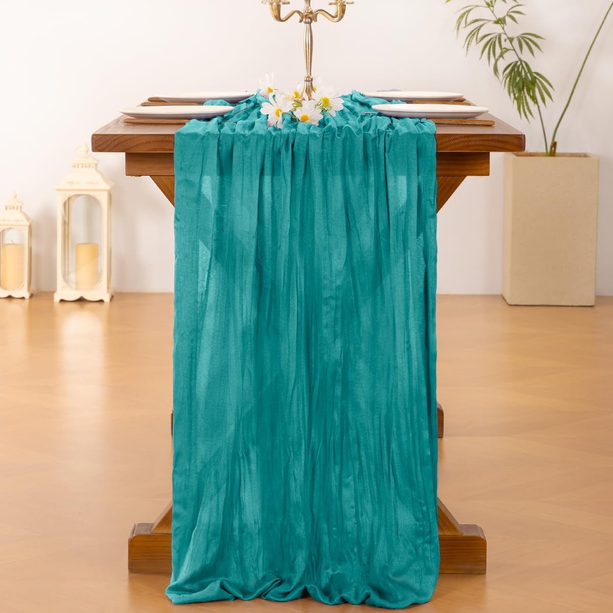Socomi Teal Blue Cheesecloth Table Runner - 120 Inch Boho Rustic Decor for Weddings & Parties
