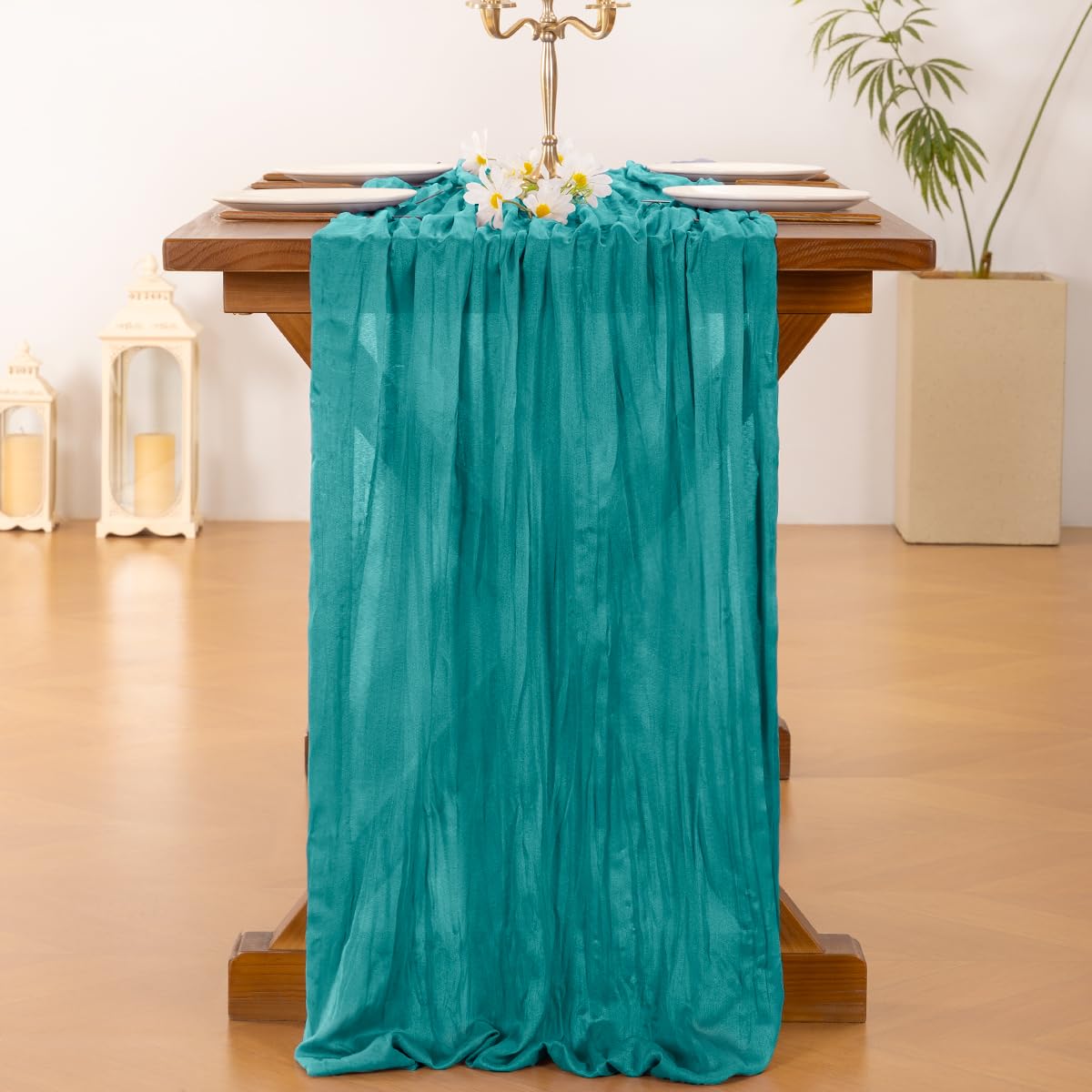 Socomi Teal Blue Easter Spring Cheesecloth Table Runner Boho Rustic Gauze 120 inch 10FT Cheese Cloth Runner for Wedding Party Baby Shower Birthday Home Decor