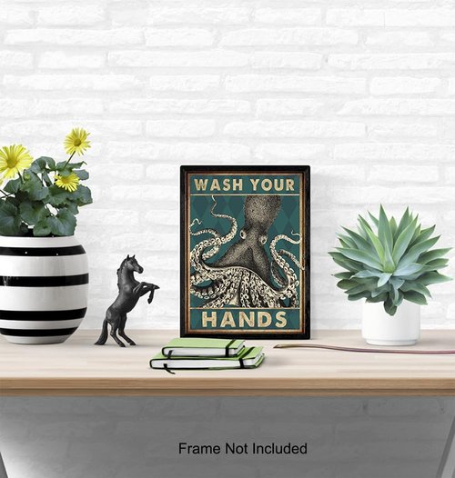 Beach Coastal Nautical Bathroom Wall Art - Octopus Wash Your Hands Sign | 11x14 Cute Decor