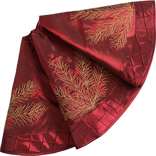 ONGLYP Red 50 Inch Embroidered Pine Branches Christmas Tree Skirt - Deluxe Holiday Decor