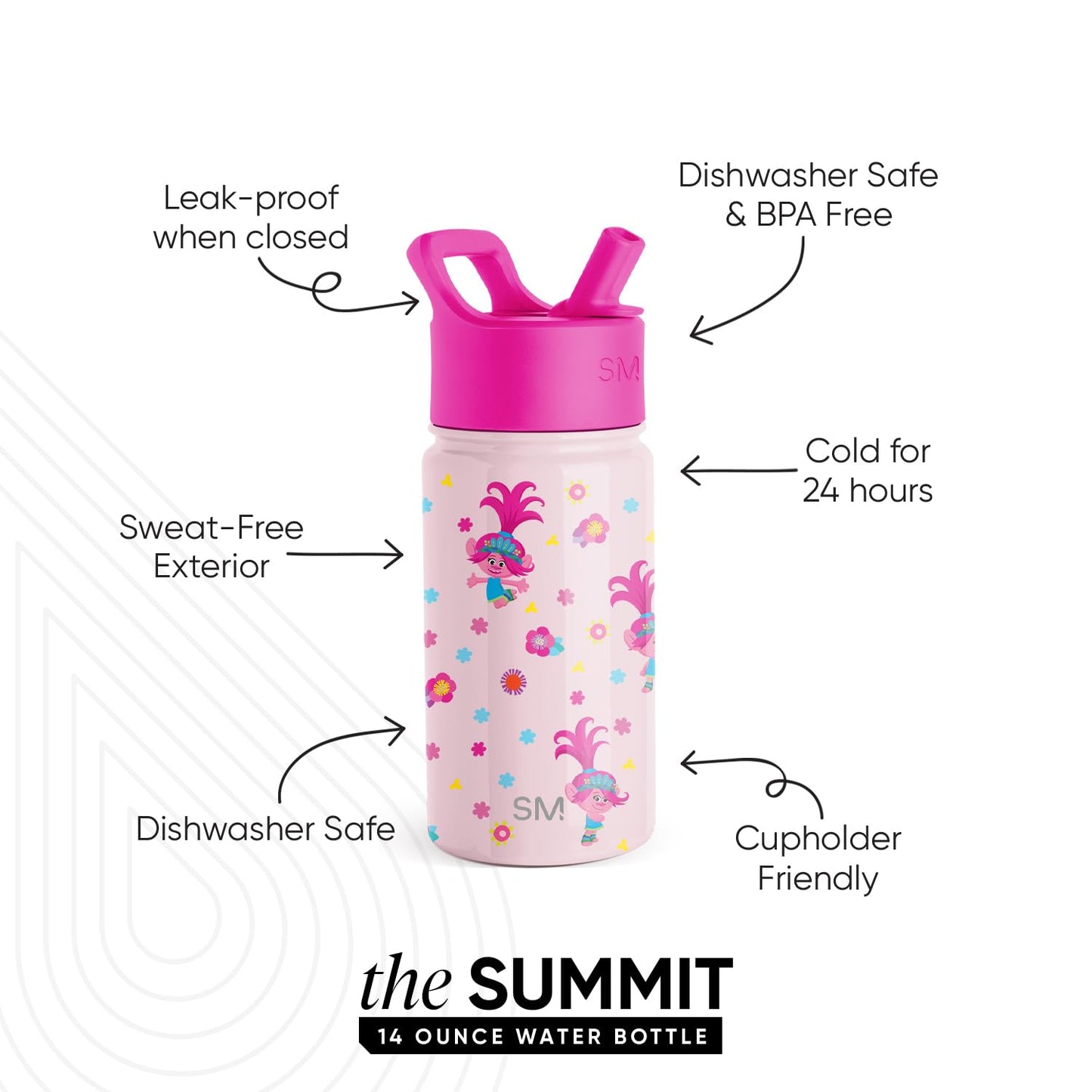 Simple Modern Kids Summit Water Bottle with Straw Lid | Trolls 14oz Stainless Steel Cup Insulated Tumbler Tumbler for Toddlers, School | Trolls Poppy Mashup
