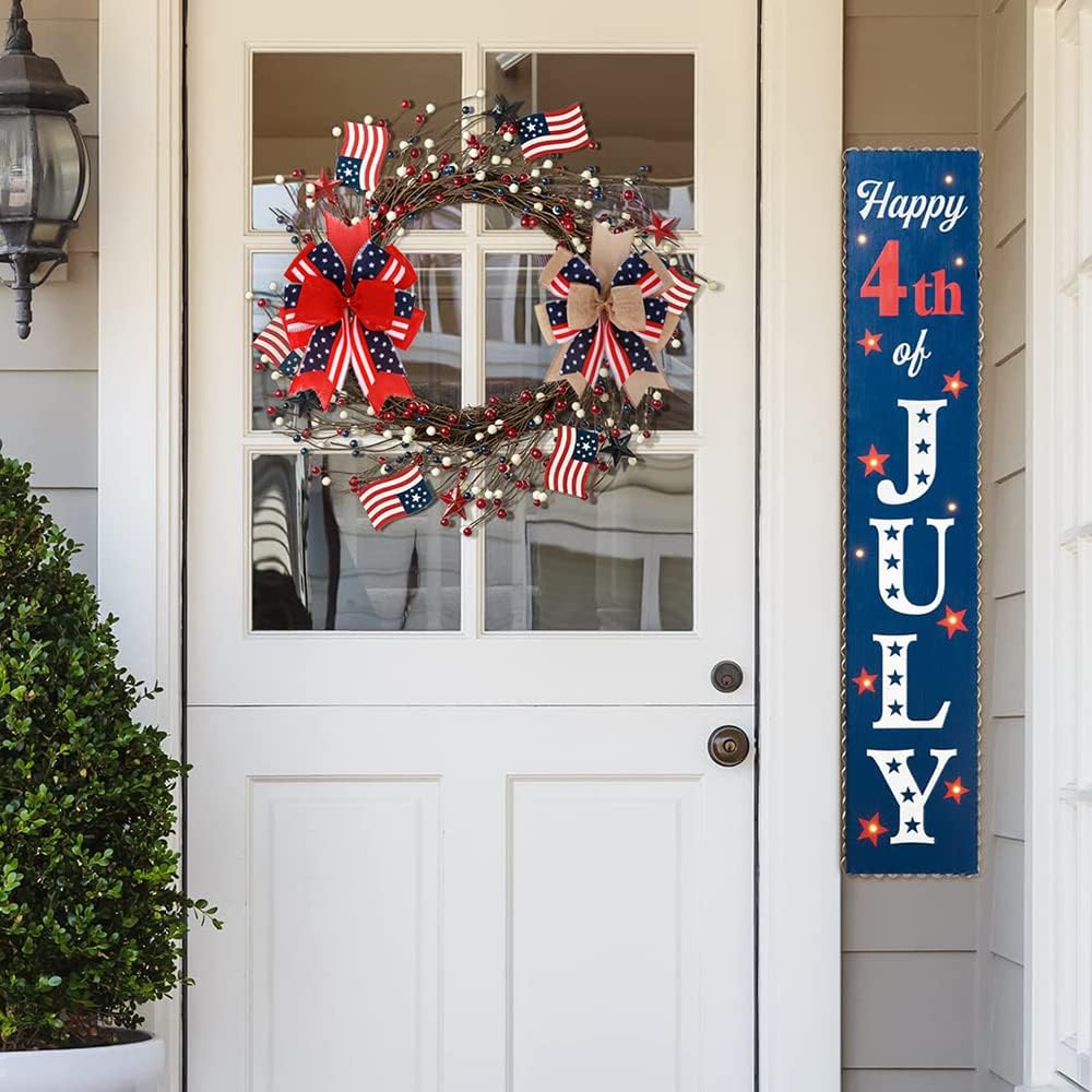 Meseey Patriotic Bows for Wreaths - Large Burlap Red, White & Blue Stripe Stars Bow | 12” x 9.4” for 4th of July Decor