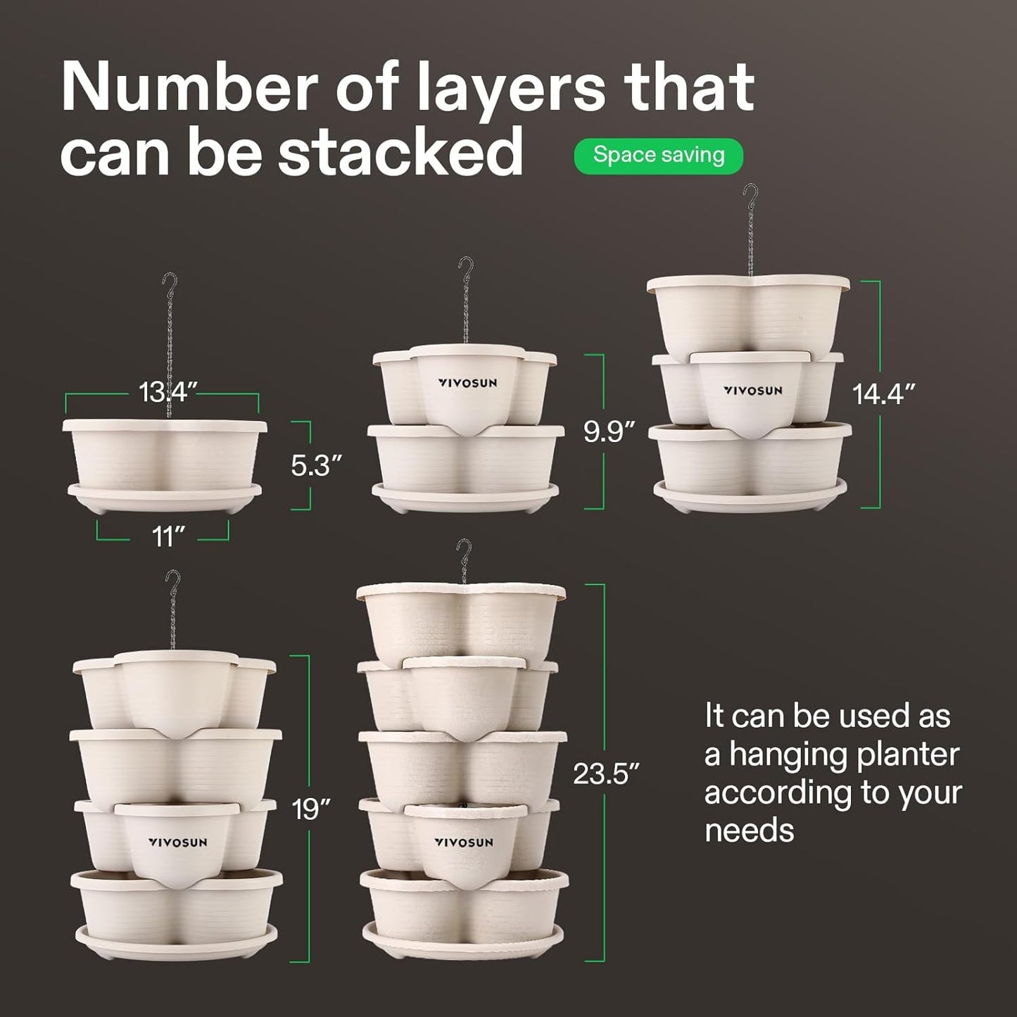 VIVOSUN 5-Tier Vertical Gardening Planter - Stackable Design for Strawberries, Herbs & Vegetables | Ivory