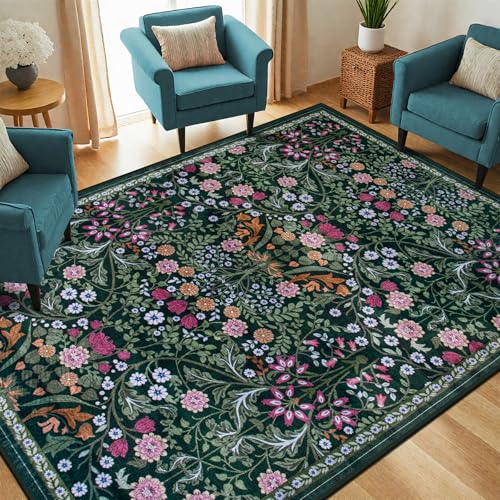 5x7 Floral Washable Area Rug - Dark Green Boho Living Room Carpet