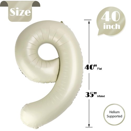 Cream 9 Balloon, Number Balloons 40 Inch, Cream 9th Giant Birthday Decorations for Boys Girls, 19th 29th Party Decorations Supplies, Number 9 Balloon