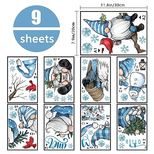 Yovkky Hello Winter Gnome Window Clings 9 Sheets, Snowman Cardinal Red Birds Christmas Tree Stickers Decals Decor, Pine Branch Snowflakes Holiday Home Kitchen Decorations