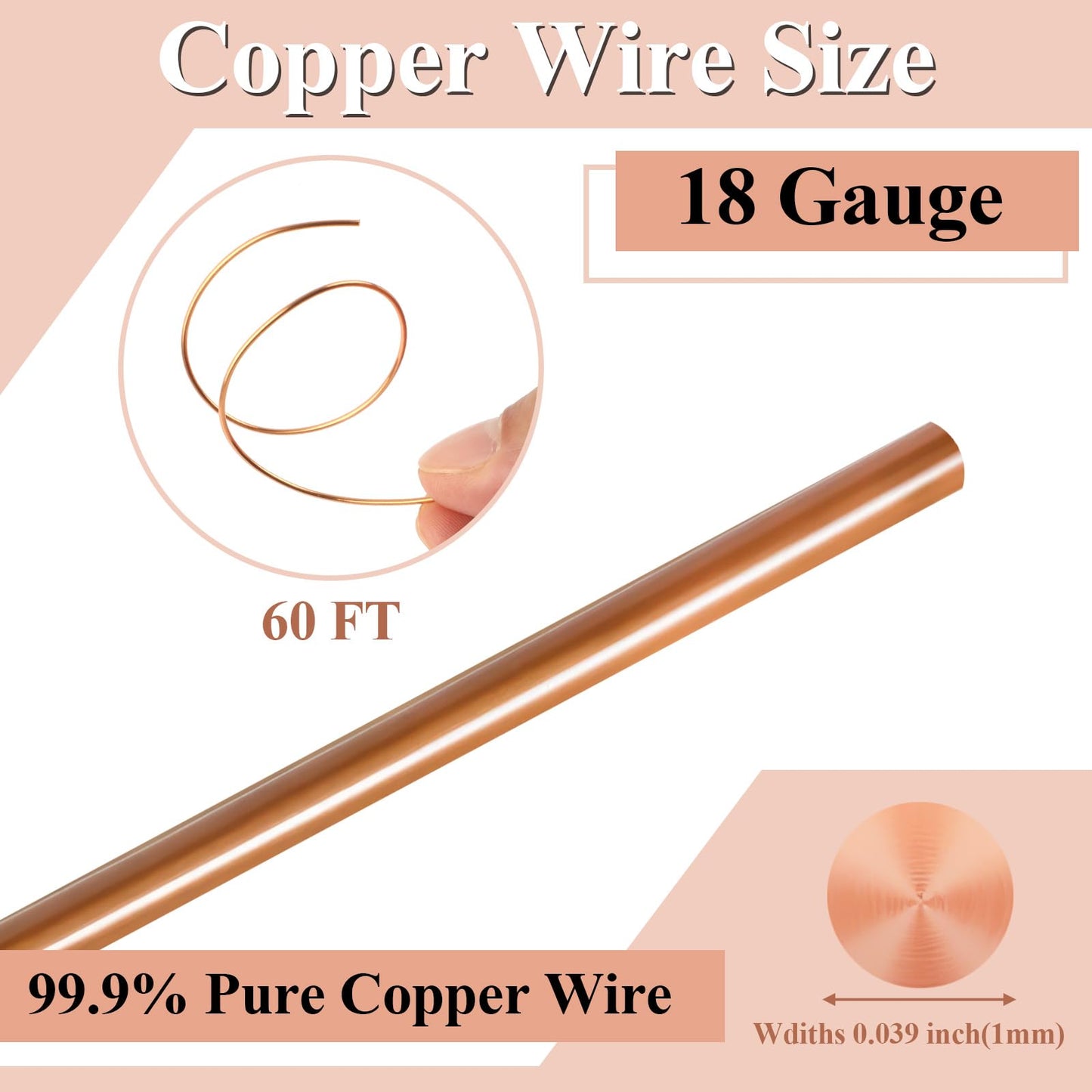 Opvixi Copper Wire, 18 Gauge 60 FT 99.9% Pure Copper Wire for Jewelry Making, Electroculture, Gardening, Beading, Plants, Crafts, Science Projects, DIY Artwork