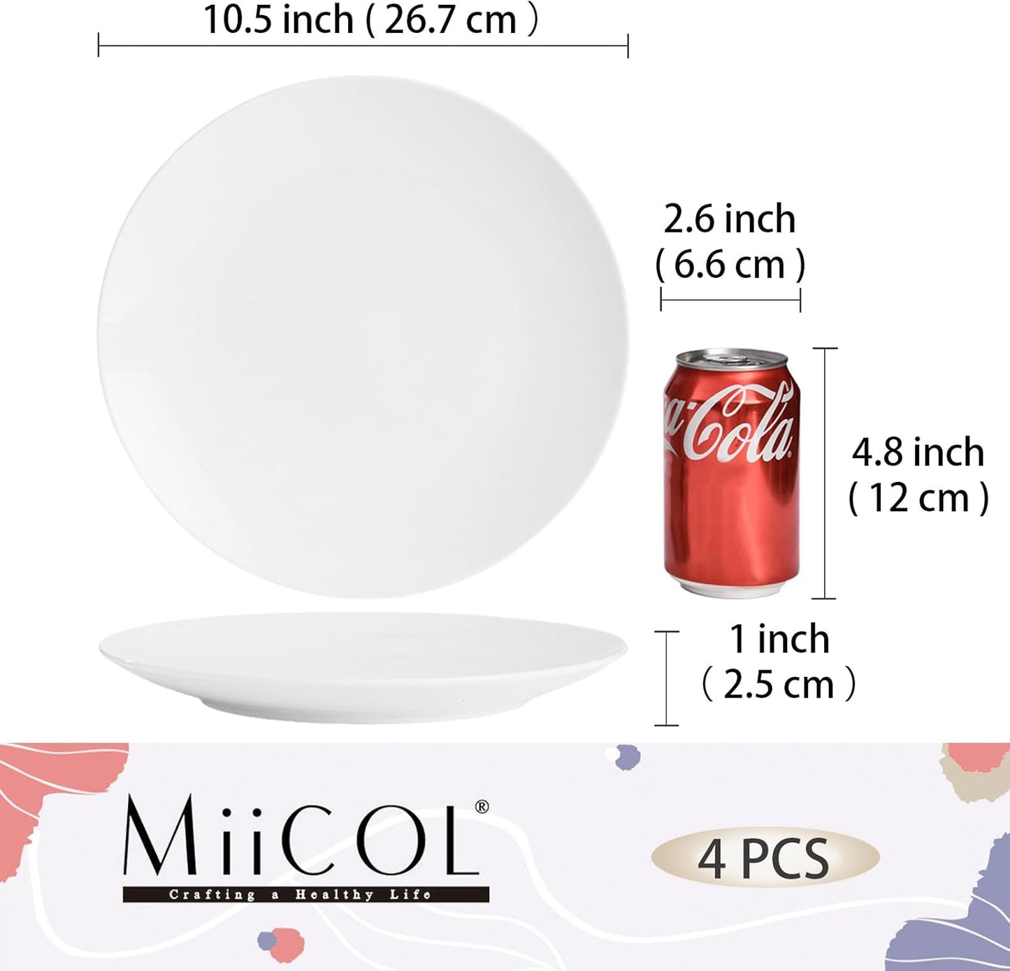 Miicol Ceramic Dinner Plates - Set of 4 Large 10.5-Inch White Porcelain Dishes | Microwave & Dishwasher Safe