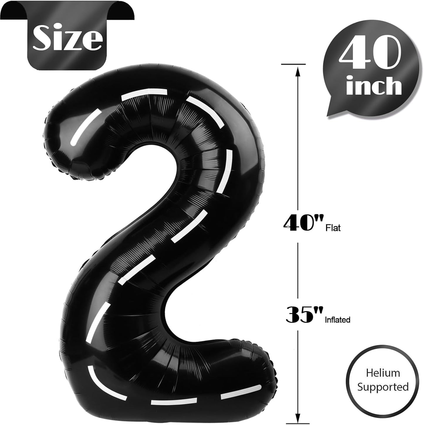 Race Car 2 Balloon - 40 Inch Black Number 2 Balloon for Birthday Party Decorations