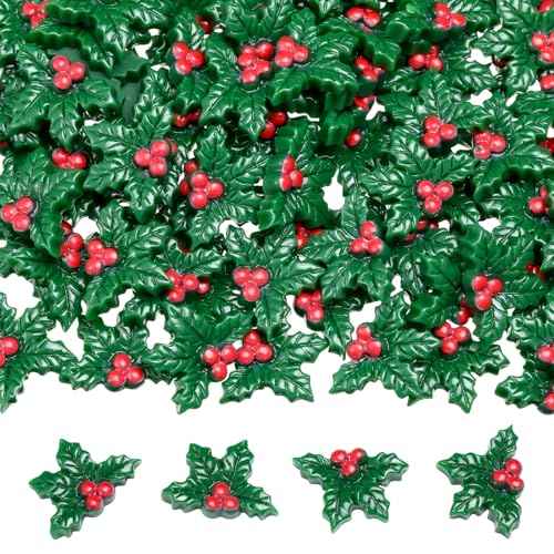 50 Pcs Mini Christmas Decorations Miniature Resin Triple Leaf Holly Berries Ornament Christmas Simulation Holly Berries Leaves DIY Tiny Craft Charms for Xmas Tree Wreath Card Gift Fillers Supplies
