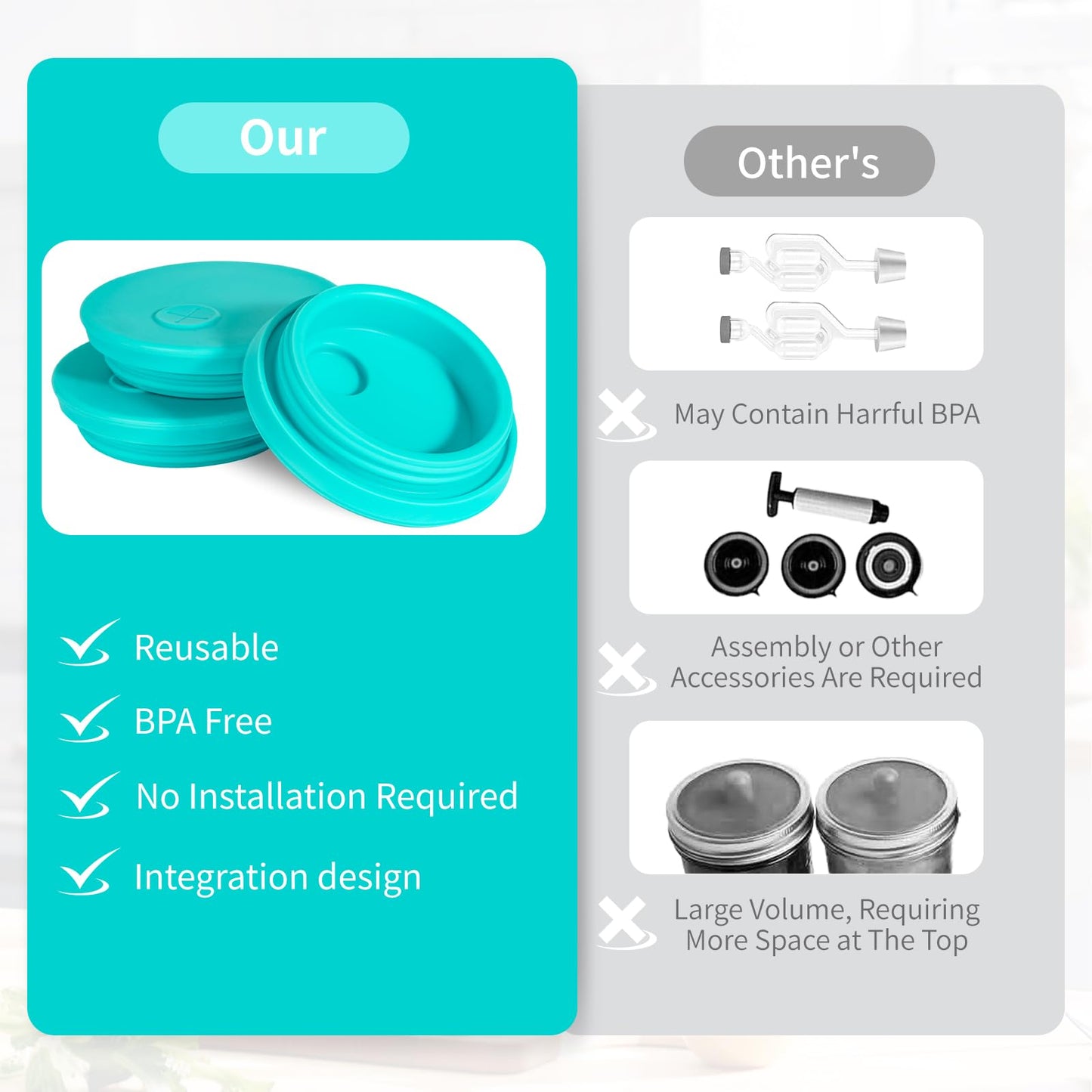 Kinggrand Kitchen Silicone Fermenting Lids Waterless Airlock Fermentation Tops Wide Mouth Mason Jar Lid Fermenter Caps for Pickles, Kimchi, and Fermented Probiotic Food 3 Pack Mint (Jars Not Included)