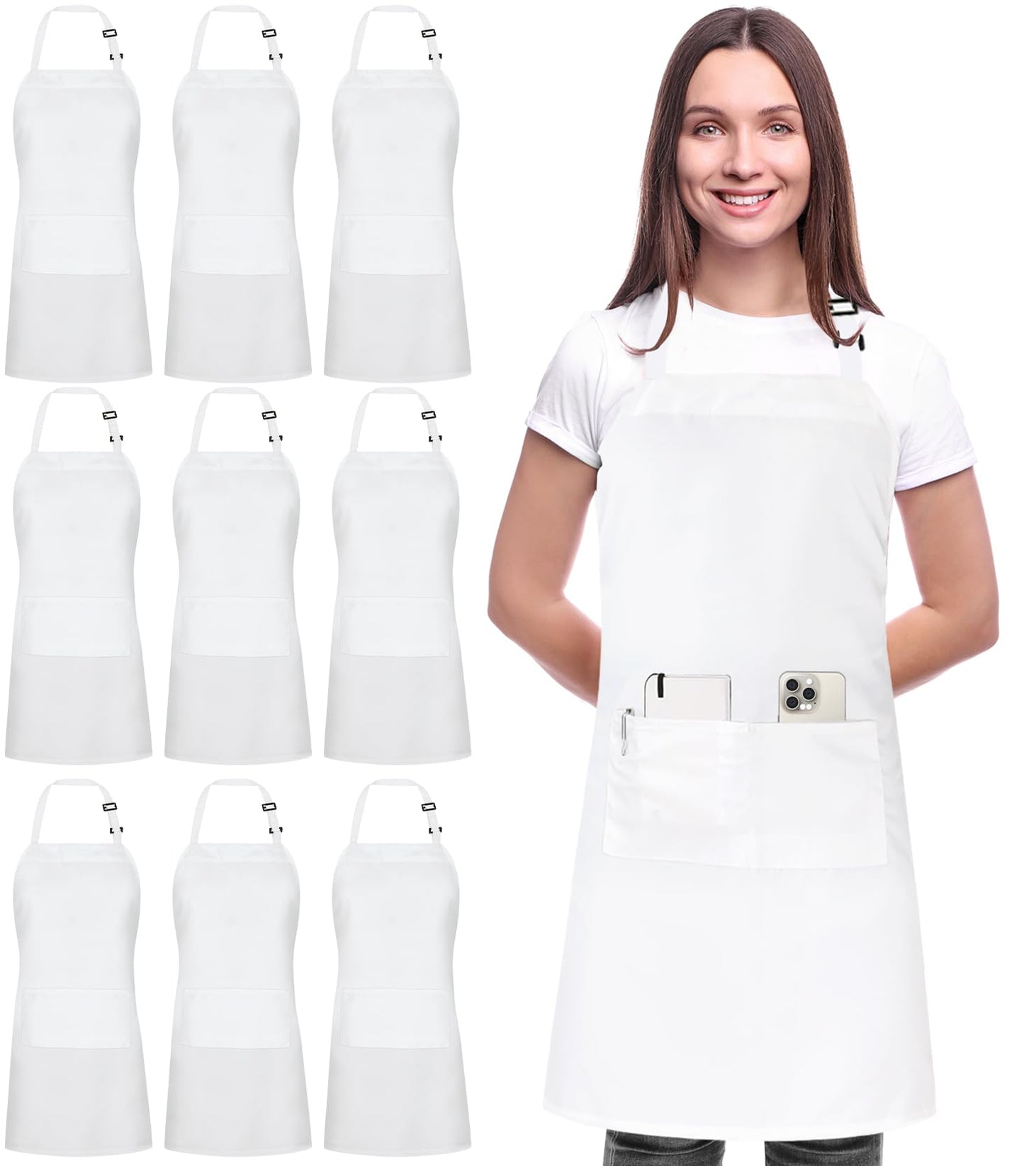 Utopia Kitchen 10 Pack Bib Apron, Unisex Adjustable Aprons with 2 Pockets, Waterdrop Resistant Cooking Kitchen Chef Apron for Men Women