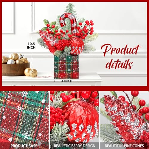KPX Large-Square-Red Mini Christmas Tree Tabletop Decor with Ornaments & Pine Cones