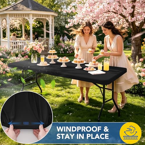 Fitted Stretch Tablecloth for 8ft Rectangular Tables - Black, 6 Pack - Spandex Fit