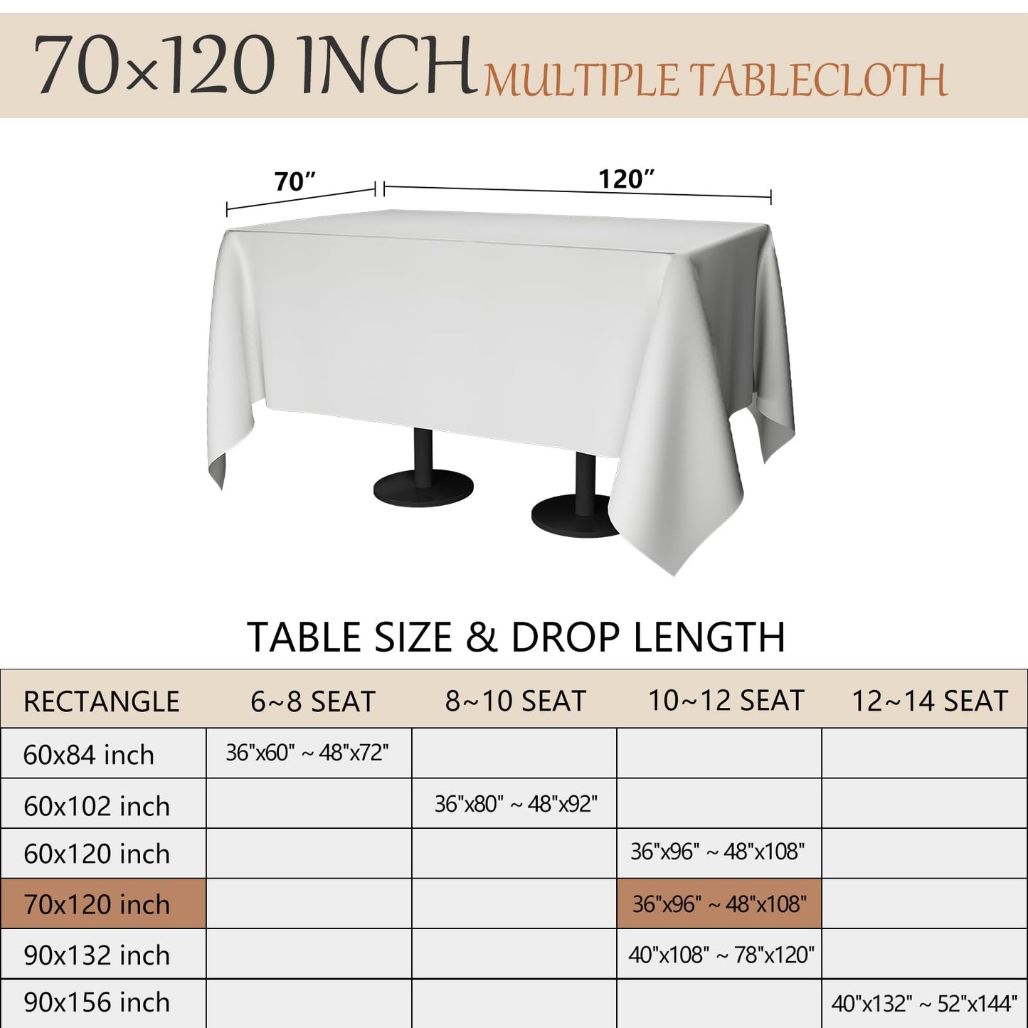 Winwingo 70x120 Table Cloth - 6 Pack Rectangular White Washable Stain and Wrinkle Resistant Polyester Table Cover for Dining Tables, Various Parties and Camping (White)