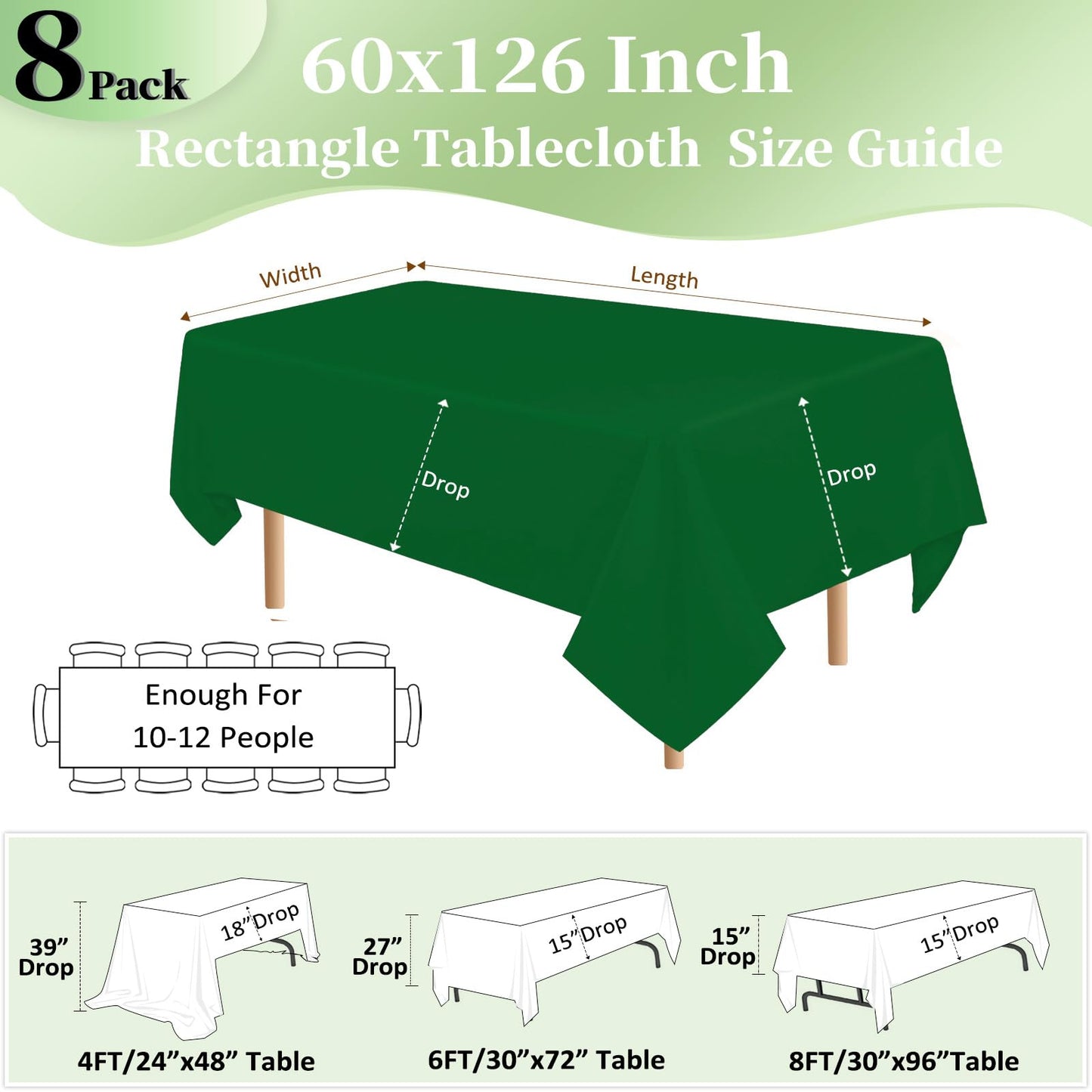pepmily 8 Pack Green Table Cloth 60x126 Inch Rectangle Tablecloth for 8 Foot Rectangle Tables, Wrinkle Resistant Washable Polyester Fabric Table Cover for Dining Banquet Wedding Party