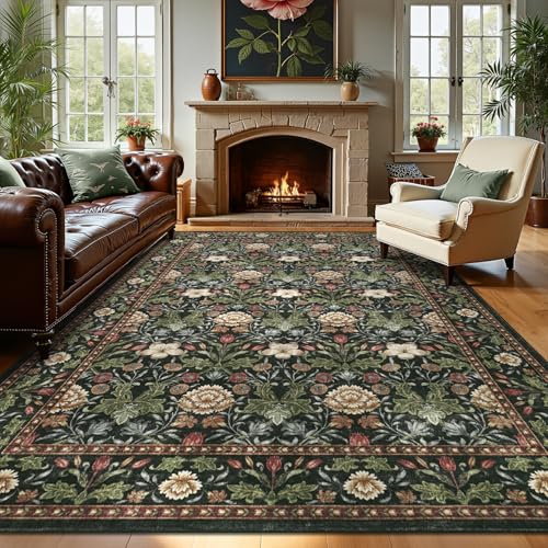 GarveeHome Forest Chestnut 8x10 Floral Area Rug - Washable Non Slip Indoor Carpet