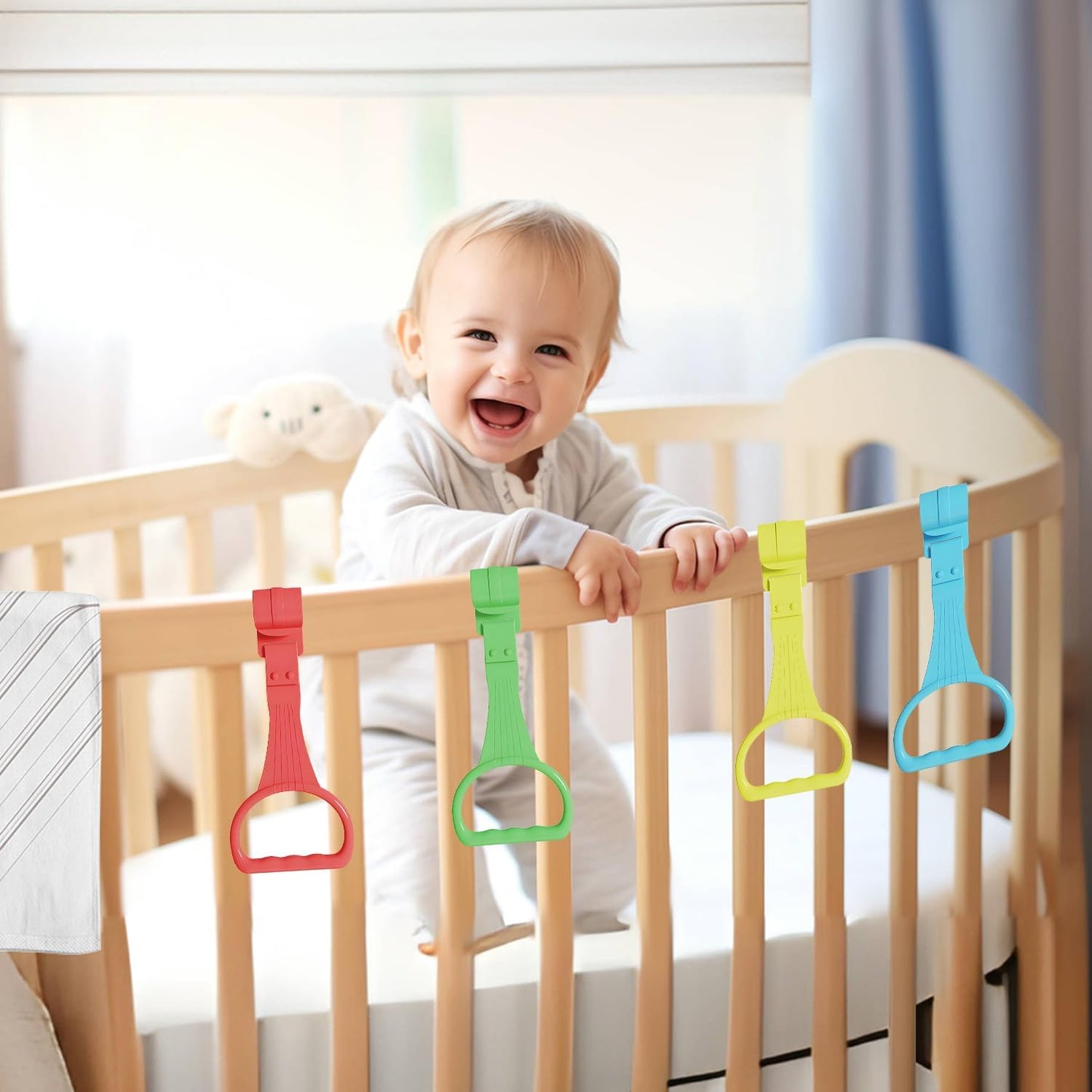 Skiennix 8Pcs Pull Up Rings | Baby Walking Assistant - Crib & Bed Stand Up Rings (4 Colors)