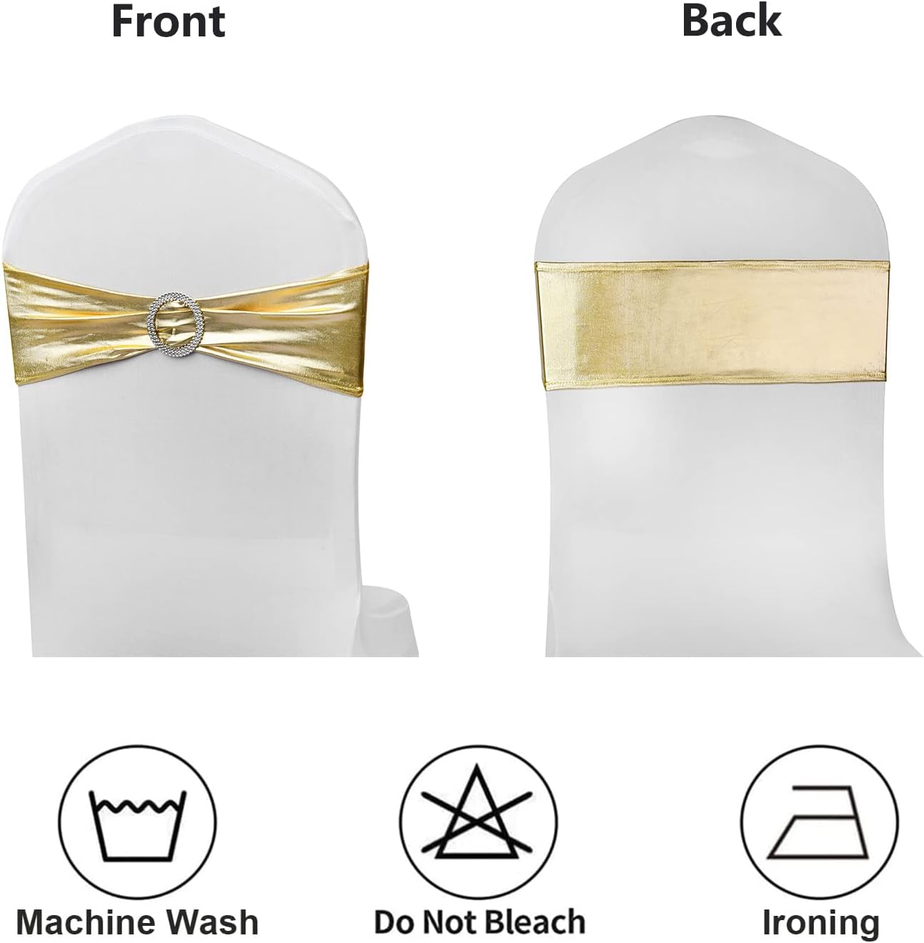 Spandex Gold Chair Sashes - 50 Pack Stretch Bands with Buckles for Wedding & Event Decor - Metal Gold