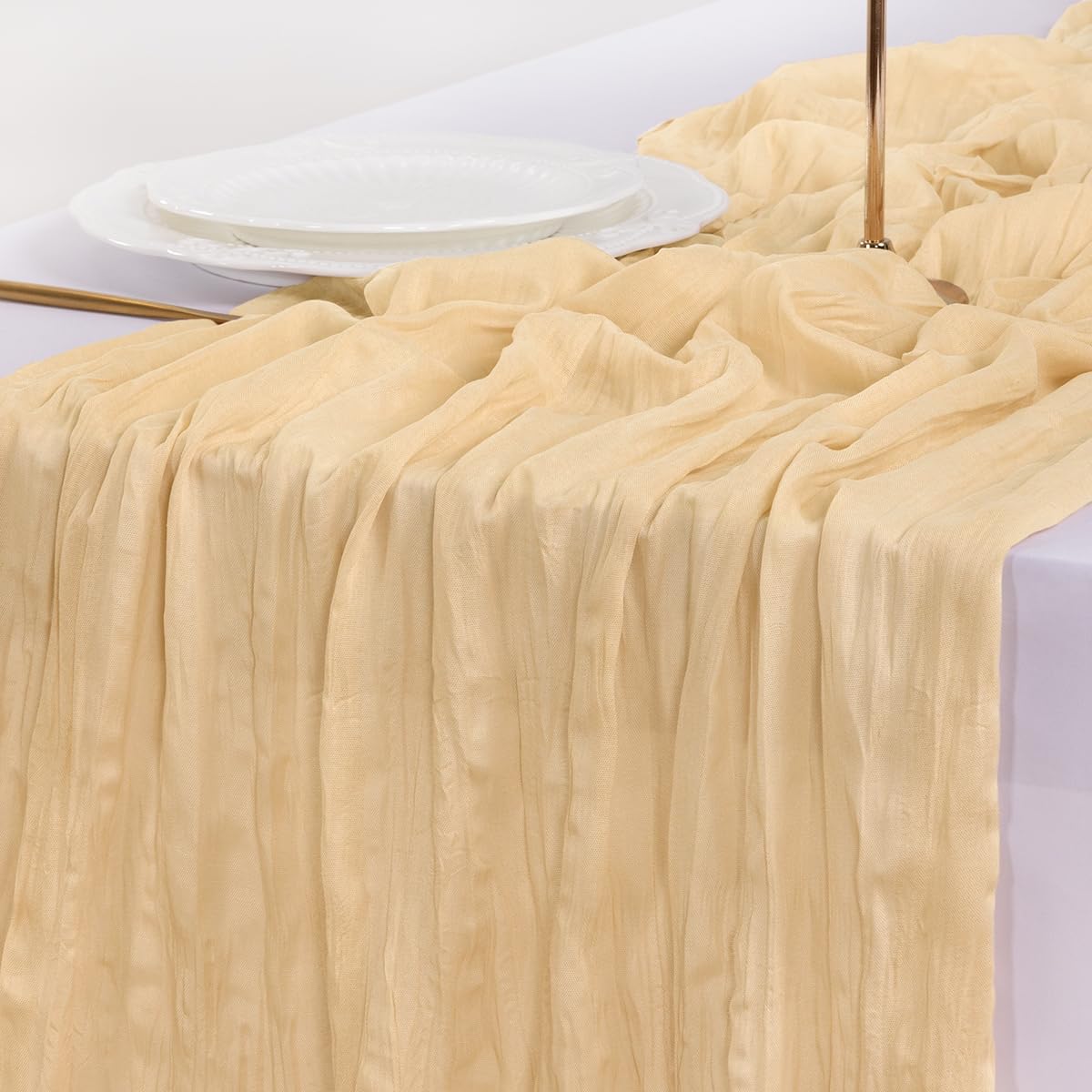 Socomi 6pcs Gold Champagne Cheesecloth Table Runner Summer Boho Rustic Gauze 120 inch 10FT Cheese Cloth Sheer Runner for Wedding Party Baby Shower Birthday Home Decor Holiday Decorations
