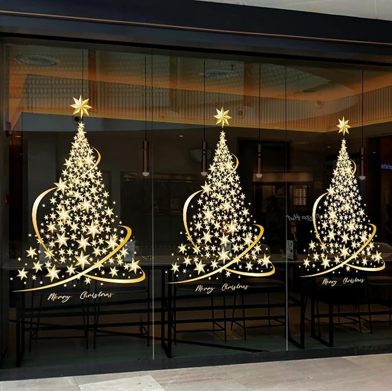Cityhermit 2 Pack Christmas Window Clings Large Gold Xmas Decor Static Stickers