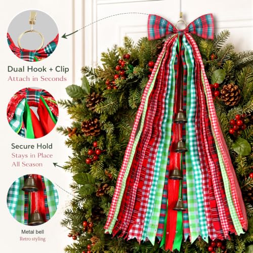 Large Christmas Plaid Wreath Bows with Bells - 2 Pack, 30x20 inches