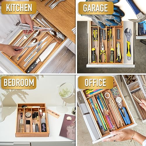 Silverware Organizer Tray - 5 Slots Acacia Wood Kitchen Drawer Storage - Flatware Holder