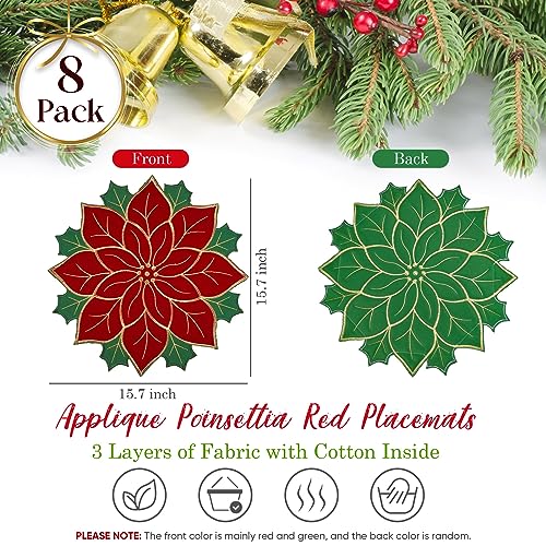 Breling 8 Pieces Christmas Poinsettia Placemats 16 Inch Round Holiday Table Decor