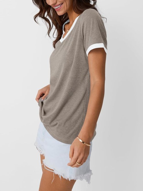 AUTOMET Women's Short Sleeve T-Shirt - Casual Soft V-Neck Tunic for Spring Fashion | Comfortable Workout Top