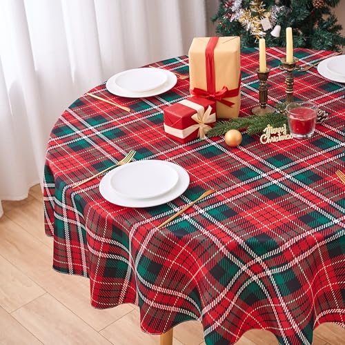VEDACHIC V65 Christmas Red Green Plaid Round Tablecloth 60 Inch Waterproof Holiday Decor