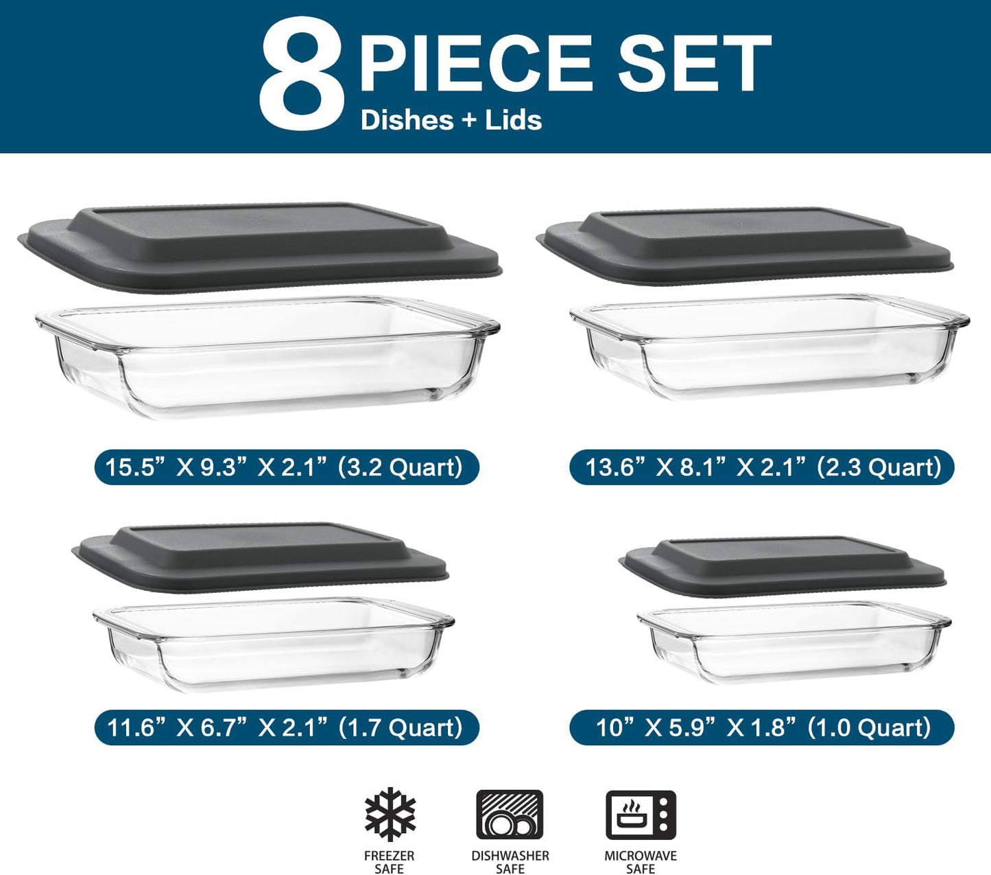 Skiennix 8-Piece Deep Glass Baking Dish Set - Rectangular Bakeware with Lids for Lasagna & Leftovers | Gray