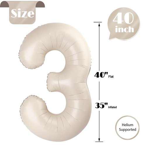 Cream Number 3 Balloon 40 Inch, 3rd Birthday Celebration Supplies for Girls Boys Women Men, 3 Balloon for Girls Boys Theme Party