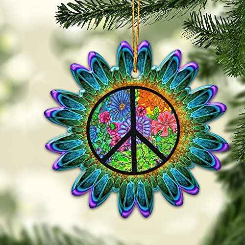 Hippie Peace Sign Love Christmas Ornament Tree Decorations 2D Flat (NOT 3D Ornament), Bulk Wooden Hippie Car Hanging Accessories, 60s 70s Theme Hippie Room Decor, Gifts for Hippie Souls