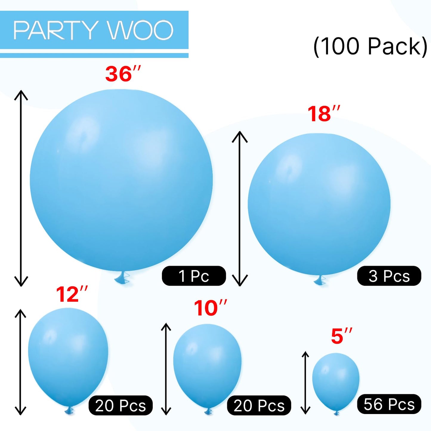 PartyWoo Bright Sky Blue Balloons, 100 pcs Matte Blue Different Sizes Pack of 36 Inch 18 Inch 12 Inch 10 Inch 5 Inch Blue for Balloon Garland Arch as Party Decorations, Blue-Y20
