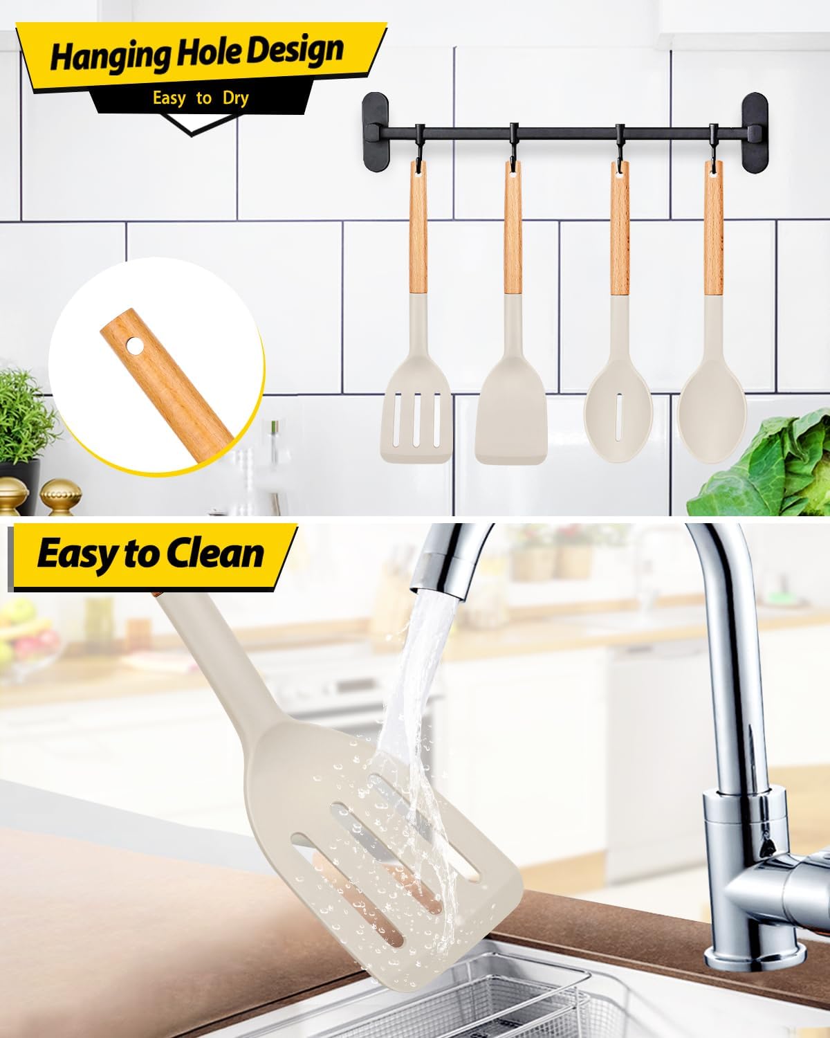 Skiennix Silicone Cooking Utensils Set - Non-Stick Spatulas & Heat-Resistant Spoons | 4-Piece Khaki Set
