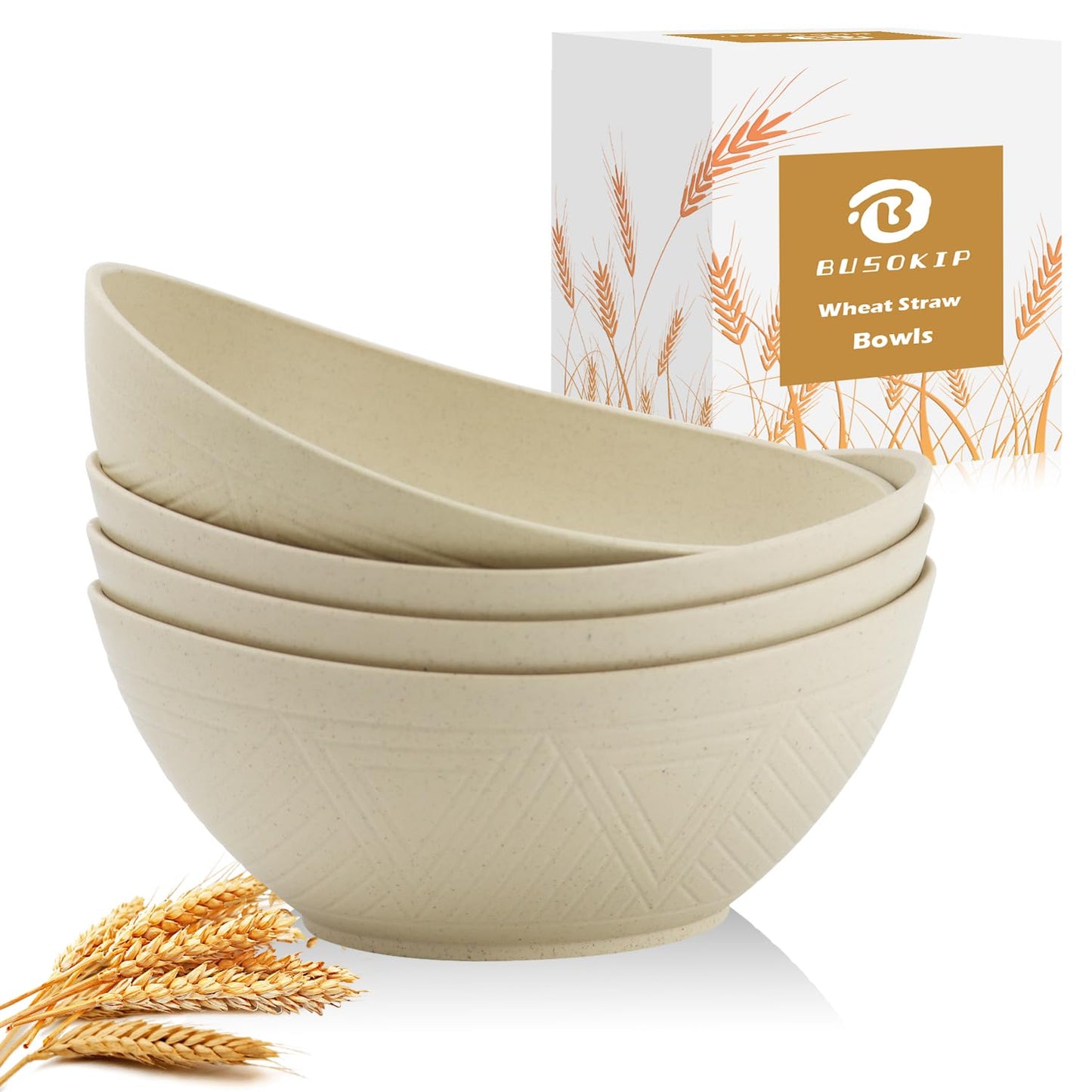 BUSOKIP Large Bowls 65 OZ, Wheat Straw Bowls Set of 4, Unbreakable Salad Bowl, Microwave & Dishwasher Safe Big Bowl, Kitchen Serving Bowl for Salad, Cereal, Soup and Oatmeal (Beige)