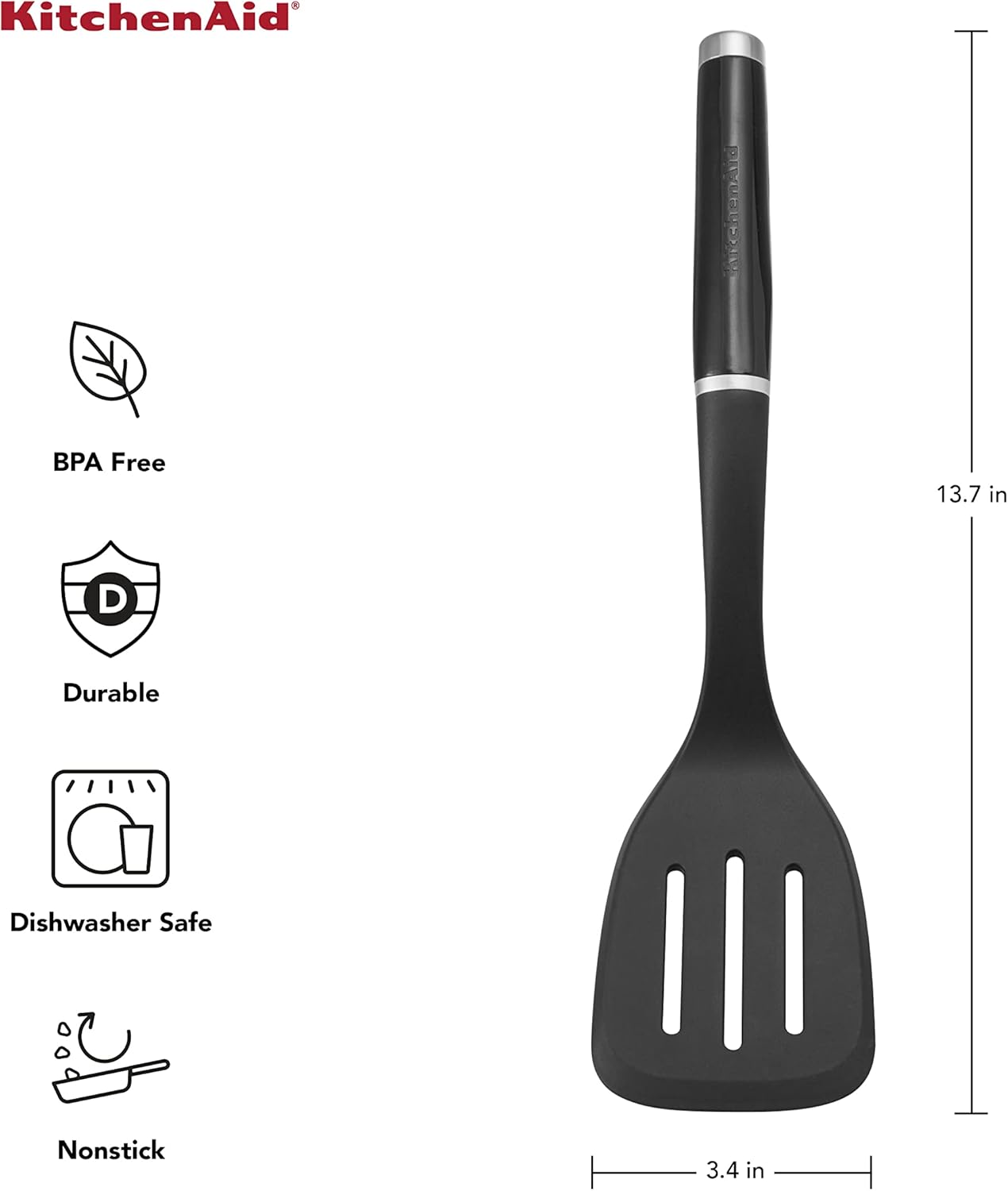 KitchenAid Classic Nylon Slotted Turner - 13.66-Inch Durable Kitchen Tool | Black