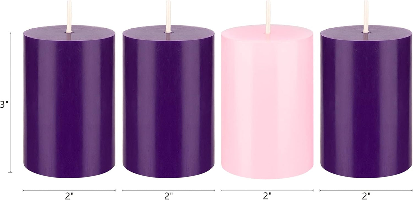 Unscented Christmas Advent Candles Set - 4 Hand Poured 2x3 Inch Premium Wax Pillars