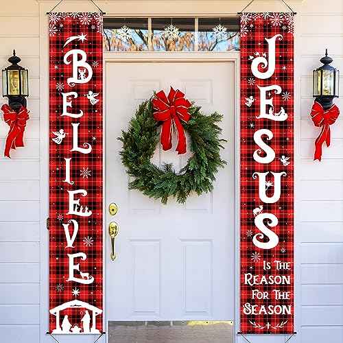 Tiamon Christmas Front Porch Banners Winter Religious Nativity Scene Sign Holiday Hanging Banner Xmas Decoration for Front Door Believe Jesus Is the Reason for the Season 12 x 71 Inch