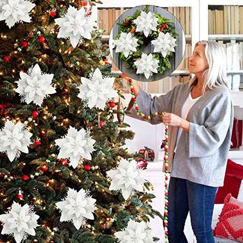 15 Pcs Christmas Flowers Artificial Poinsettia Flower Decorations with Clips and Stems, Glitter Christmas Poinsettia Decorations, Christmas Tree Ornaments for Party Wreath DIY£¨White£©