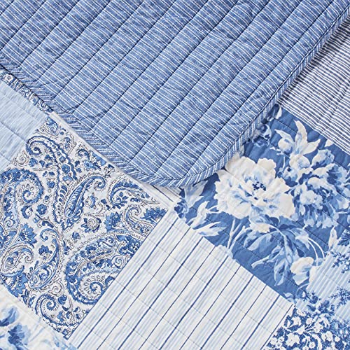 Laura Ashley Twin Quilt Set with Reversible Patchwork Paisley Design, Blue, 100% Cotton Bedding