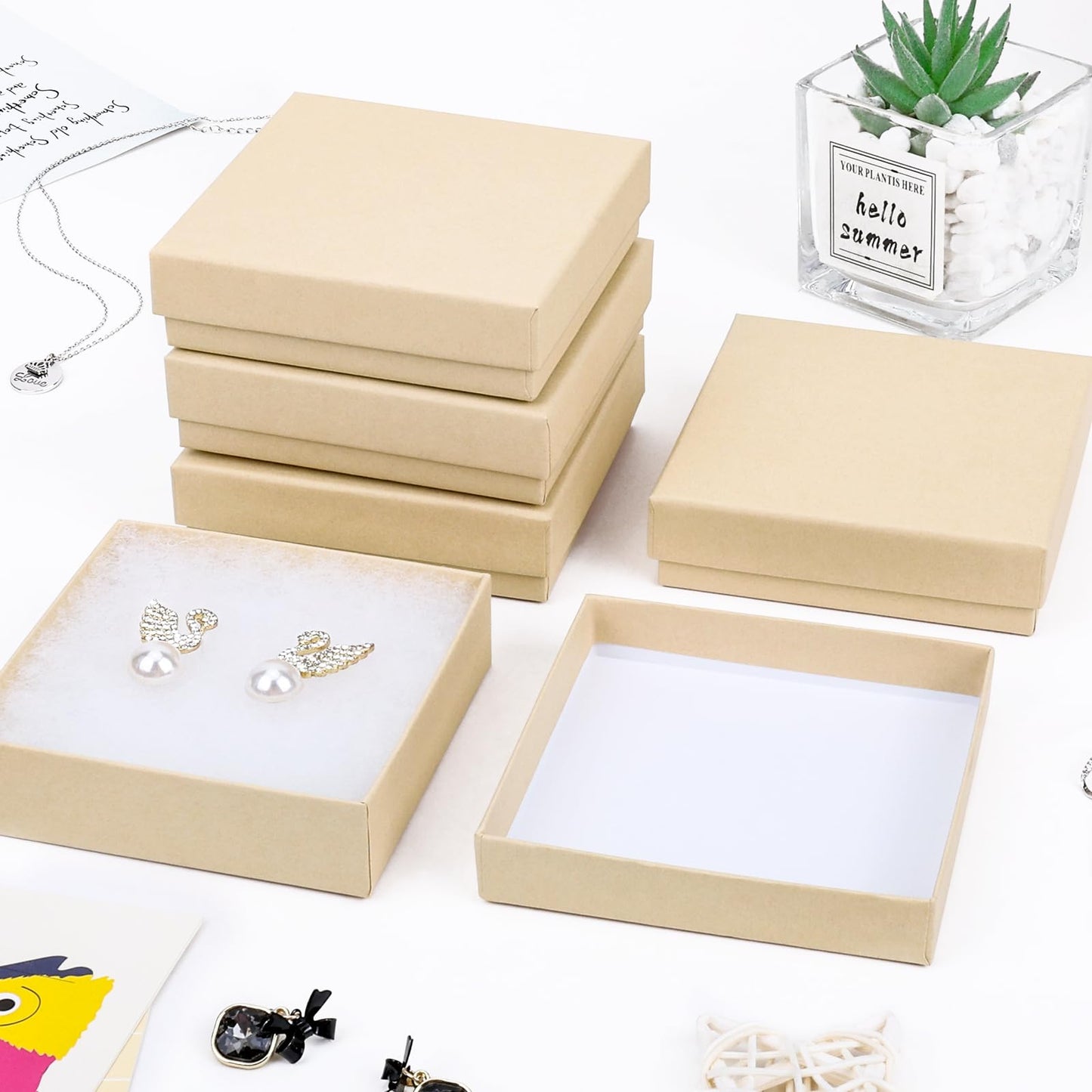 batifine Cardboard Jewelry Gift Boxes, 80 Pack 3.5x3.5x1 Inch, Bulk Cotton Filled Small Jewelry Boxes with Lids for Necklace Ring Bracelet Earring Display Box (Brown)