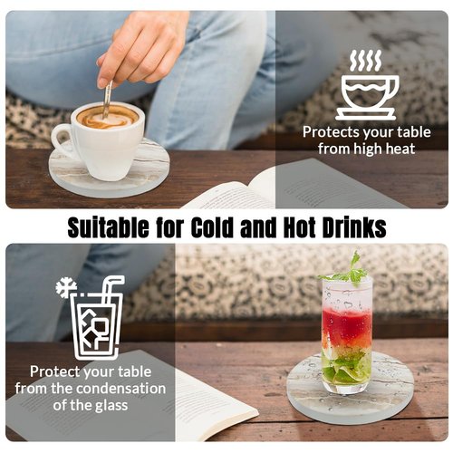 Ceramic Coasters Set of 6, Marble-Textured Design with Holder - Absorbent Cork-Backed Coasters for Cups, Bar & Coffee Table Decor Accessories (Khaki Marble, 4 Pack)