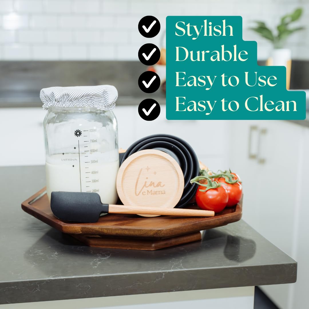 Lina e Mama 34 Oz Sourdough Starter Jar | Sourdough Starter Kit | Wide Mouth Sour Dough Kit with a Wooden & Aluminum Lid, Spatula, and Funnel | Sour Dough Jar for Beginners and Pros