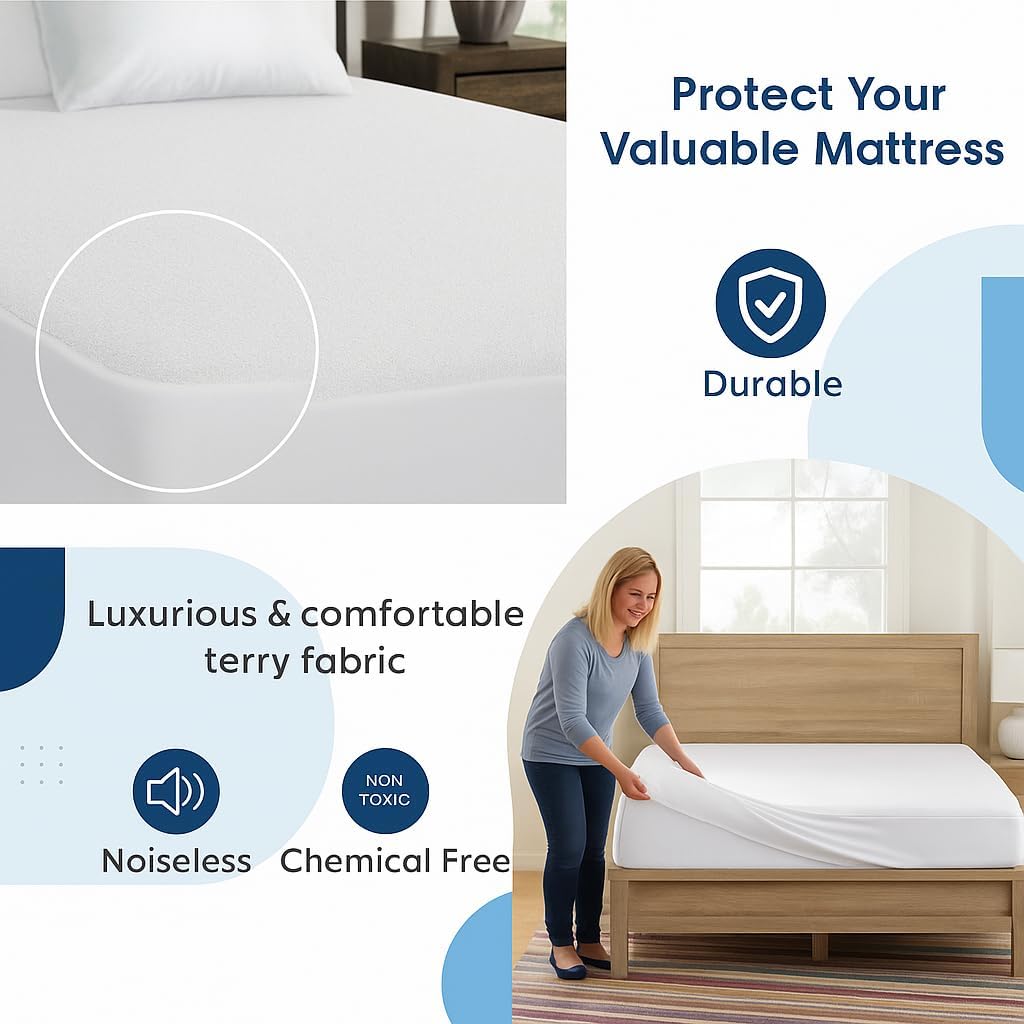 Skiennix 100% Waterproof Twin XL Mattress Protector - Premium Fitted Cotton Terry Cover, Machine Washable White
