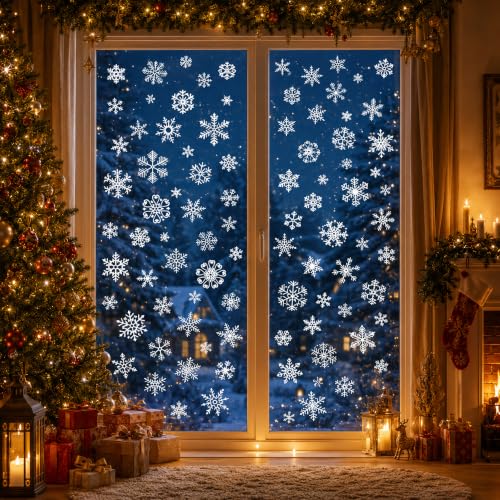 MDDRUIQI White Christmas Snowflake Window Clings - 9 Sheets, 132 Decals