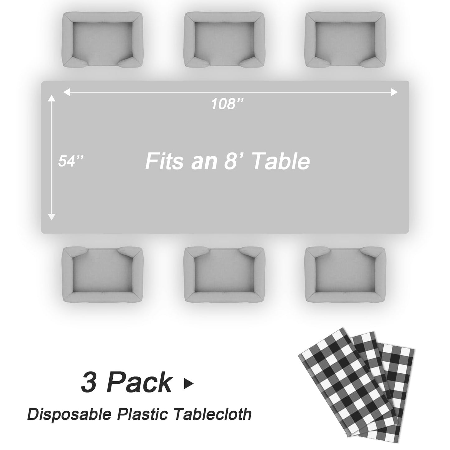 QIKSION Black Gingham Tablecloth Disposable 3 Pack, 54 x 108 Inch Black and White Checkered Table Cloth for Picnic, Outdoor BBQ Decorations, Birthday Party Supplies, Rectangle, Plastic Table Cover