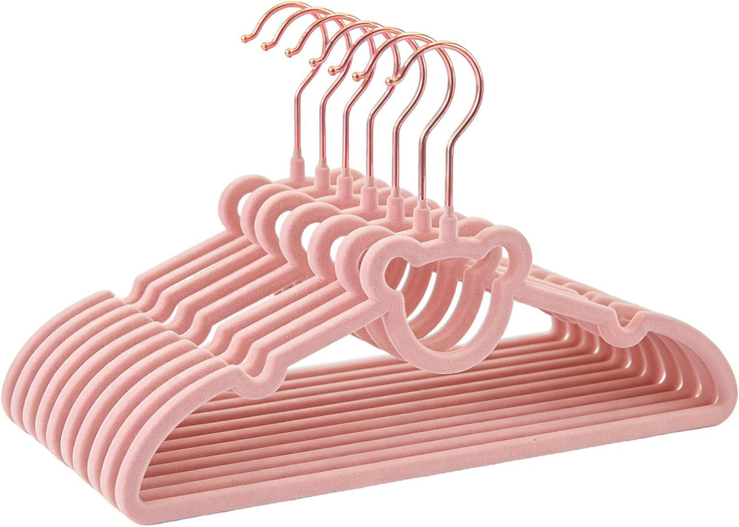 BGRQRIQ 30 Pack Pink Velvet Kids Clothes Hangers - 12.6in for Ages 4-10, with Cute Bear, Rotating Rose Gold Hook, Non-Slip, Space-Saving Slim Felt Hangers for Toddler Coats, Jackets, Dresses