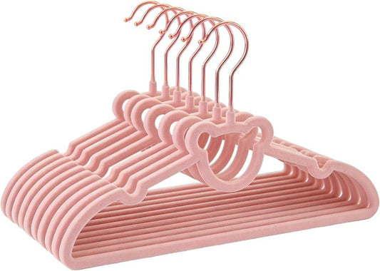 BGRQRIQ 30 Pack Pink Velvet Kids Clothes Hangers - 12.6in for Ages 4-10, with Cute Bear, Rotating Rose Gold Hook, Non-Slip, Space-Saving Slim Felt Hangers for Toddler Coats, Jackets, Dresses