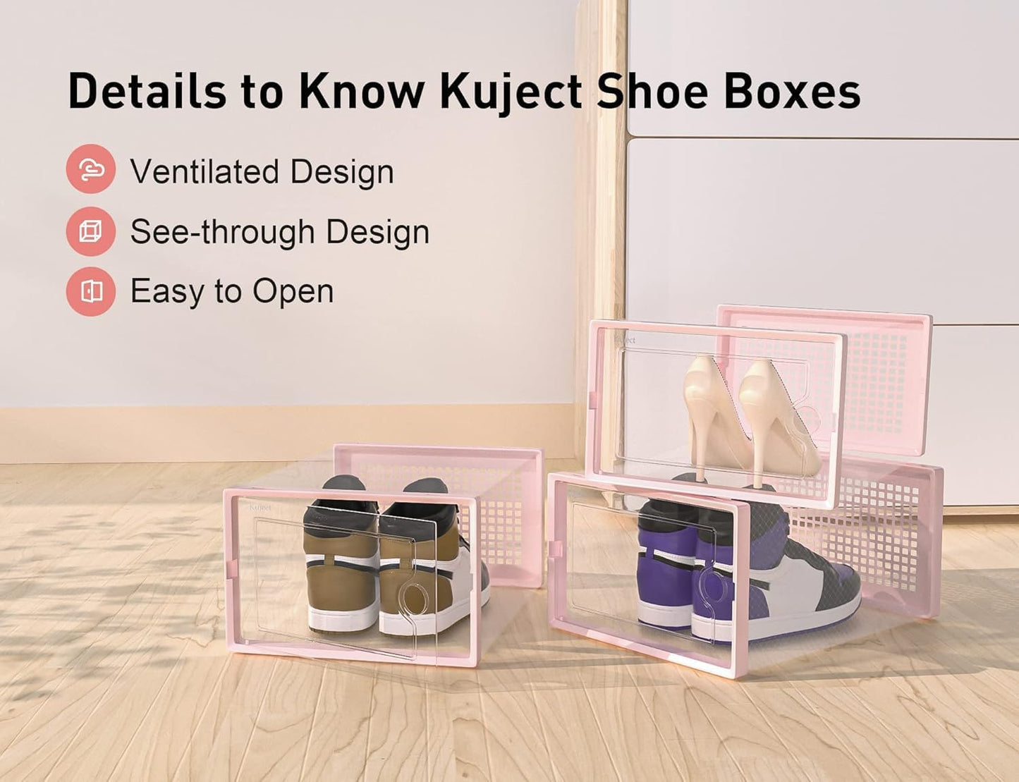 Kuject X-Large Shoe Storage Boxes - Clear Plastic Stackable Organizers | 12 Pack for Sneakers & Toys - Pink